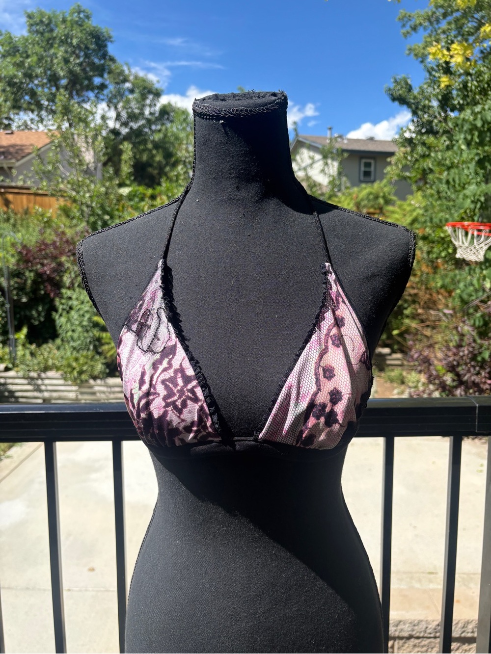 Pink and Black Lace Decorative Triangle Bikini